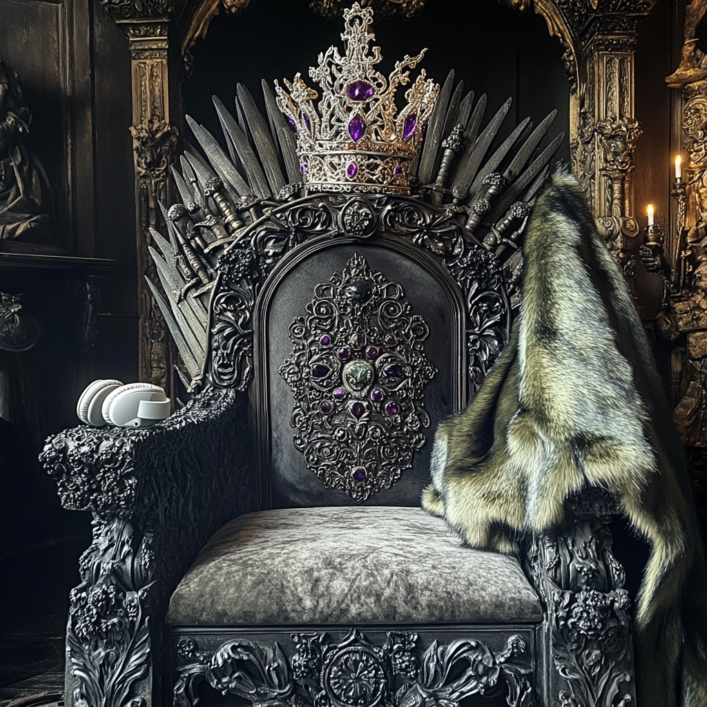 Zoomed throne chair with grey coat and King's crown.