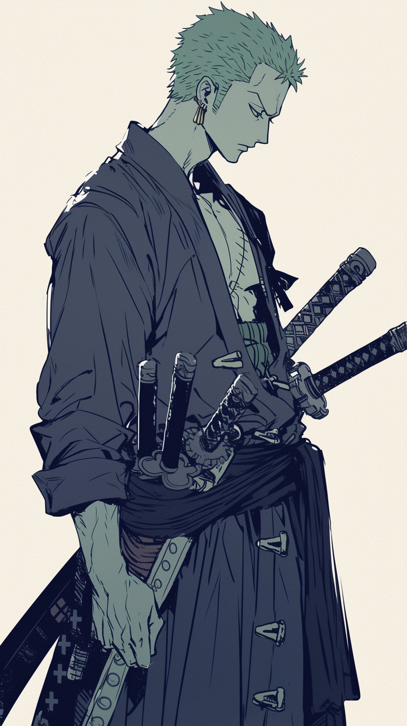 Zoro from One Piece in gothic anime style.