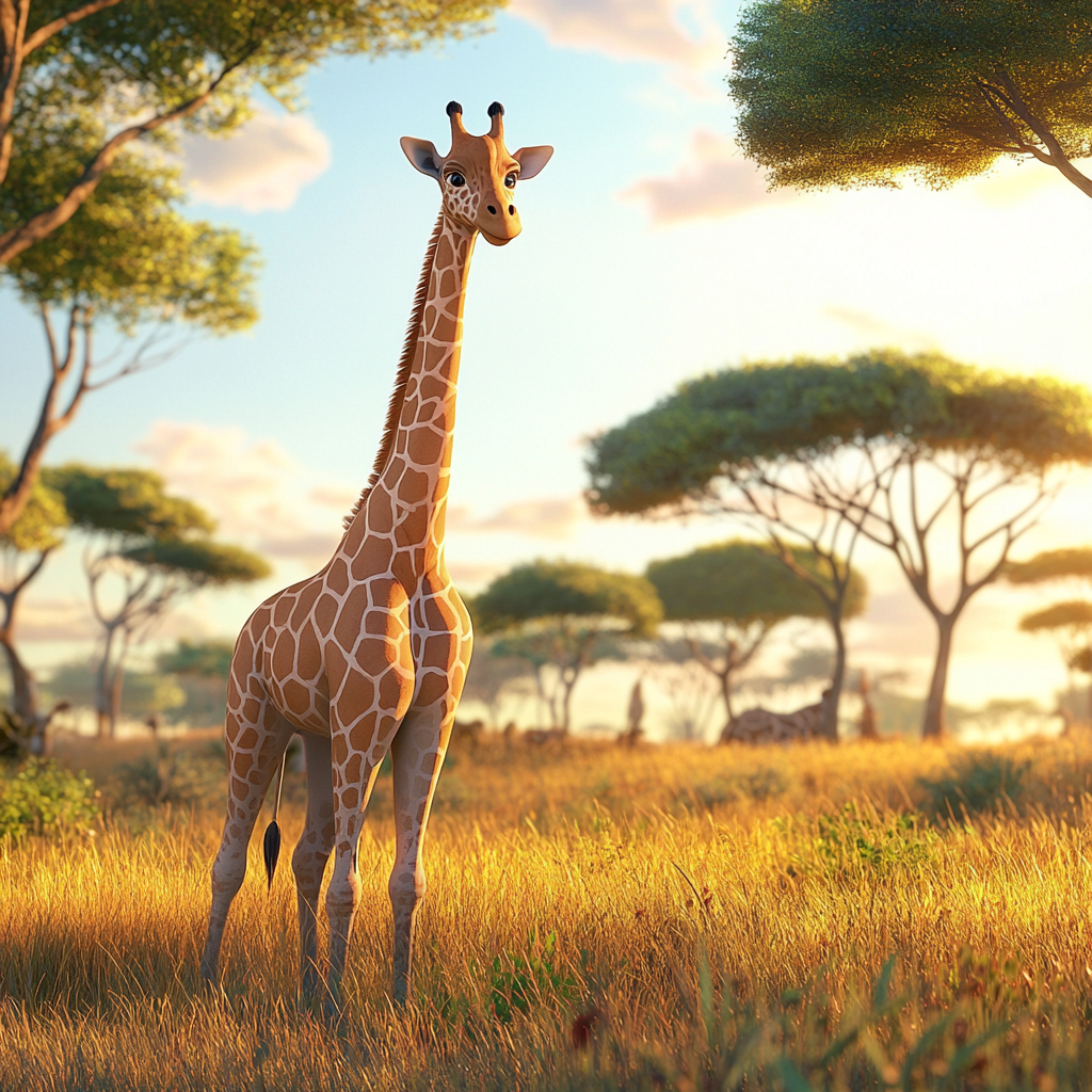 Zuma the giraffe standing majestically in African savannah grass.