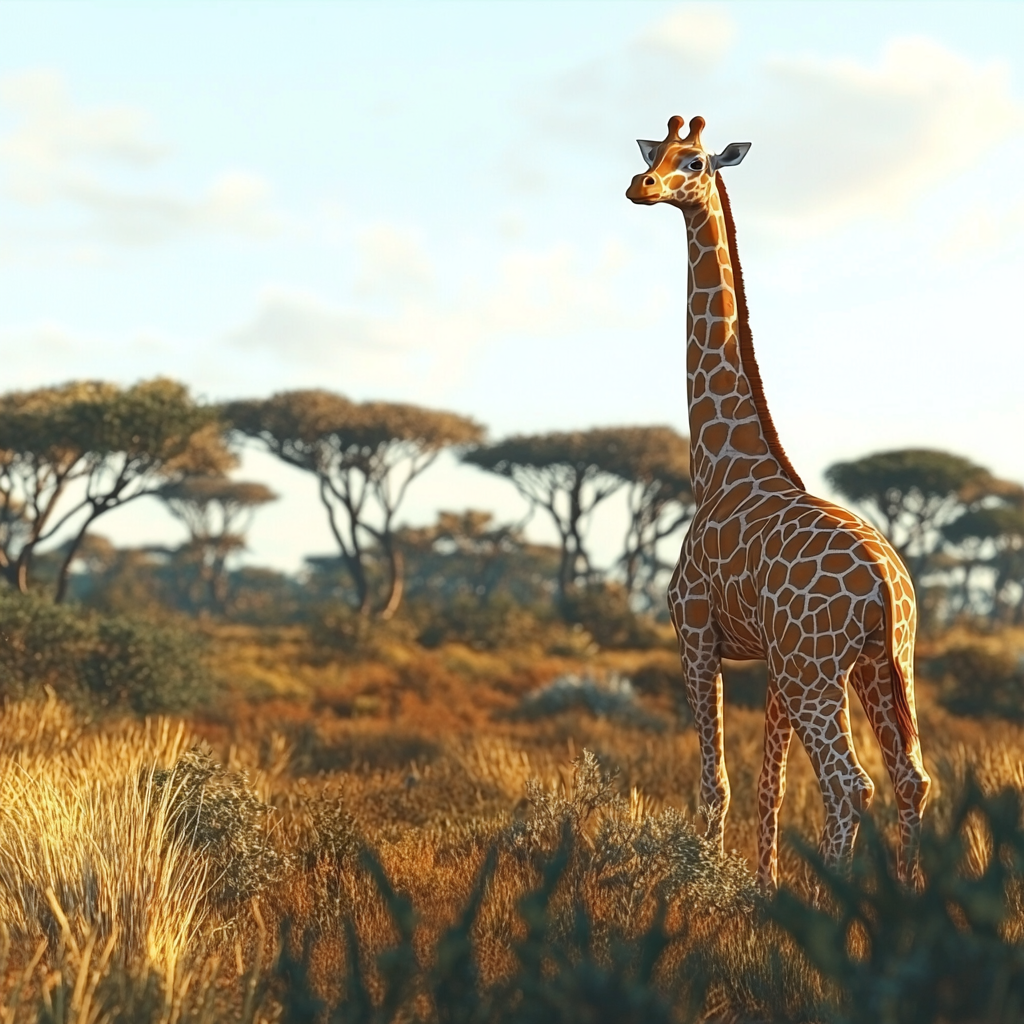 Zuma the giraffe stands majestically under bright sunny sky.