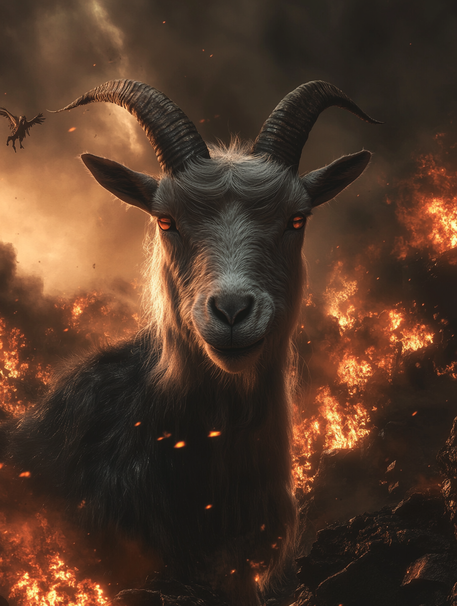 a distant goat gazes during apocalypse, gods and demons.