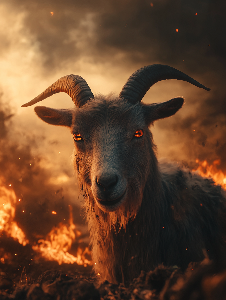 a goat in apocalypse with vakyries and demons, gods