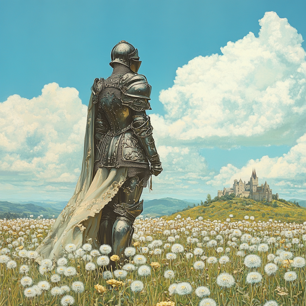 a medieval warrior surrounded by flowers near old castle