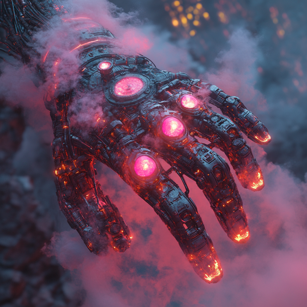 a robotich mechhand with a burning robotic mech hand