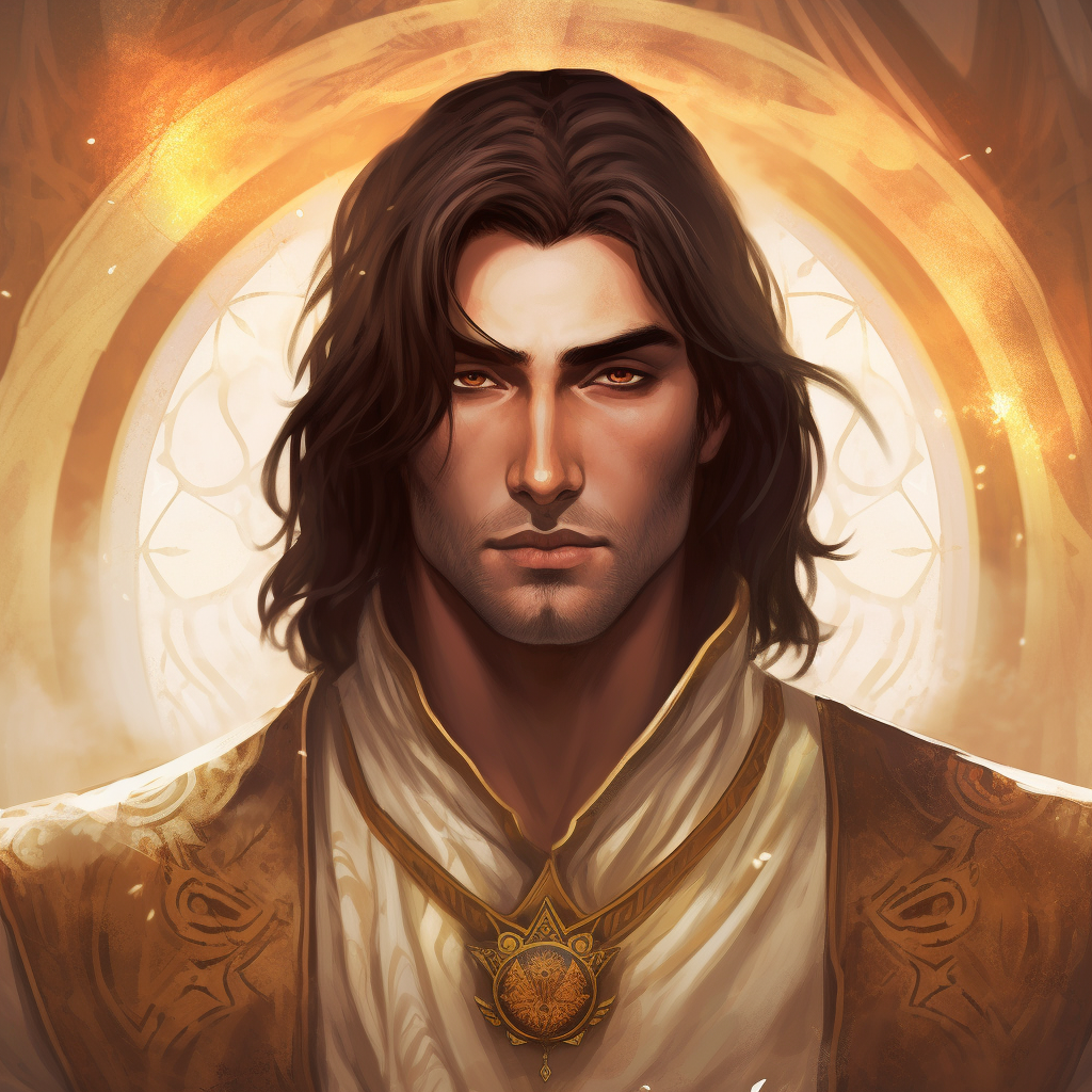 Aasimar Warlock with Golden Amber Eyes and Black Hair