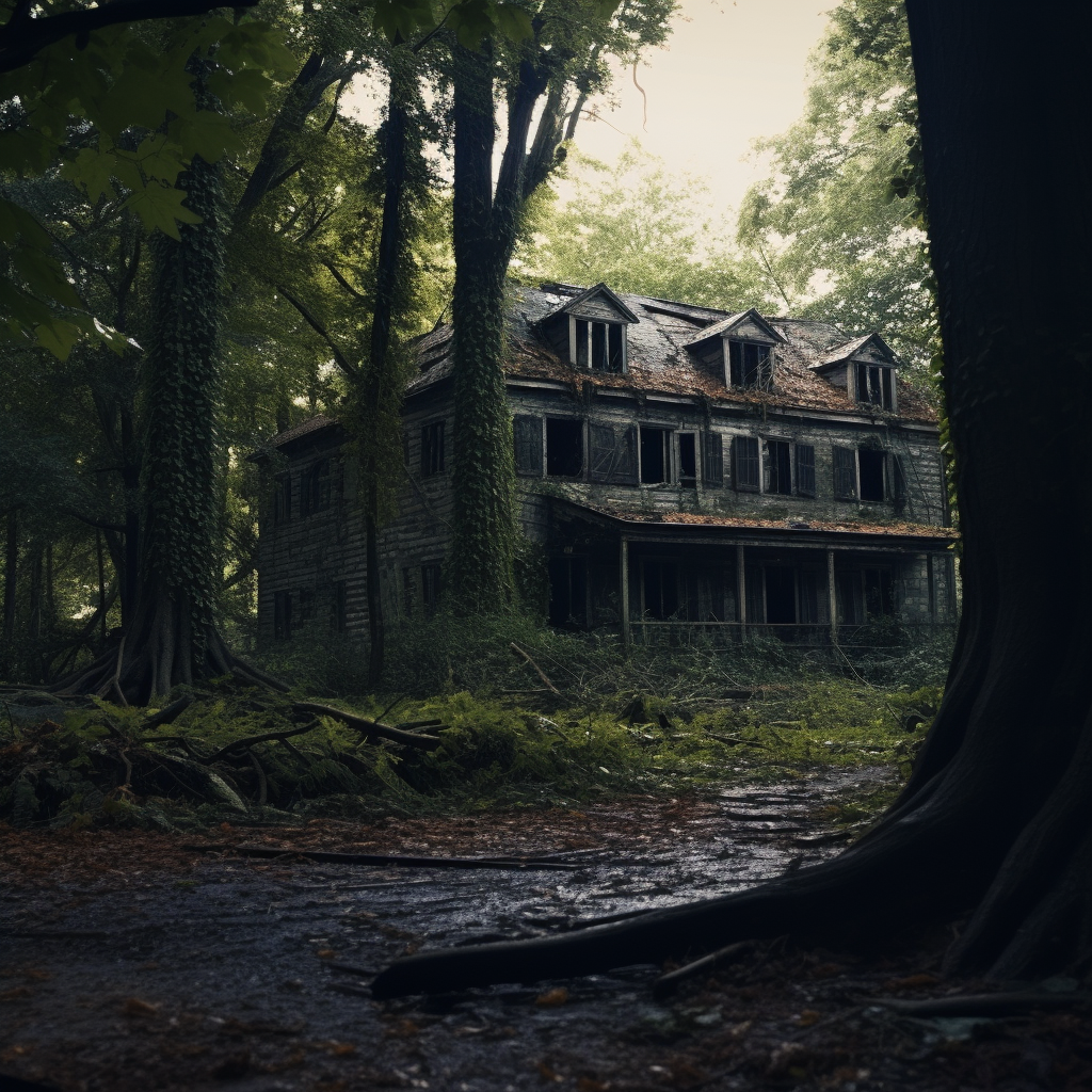 Overgrown abandoned brick house in the woods