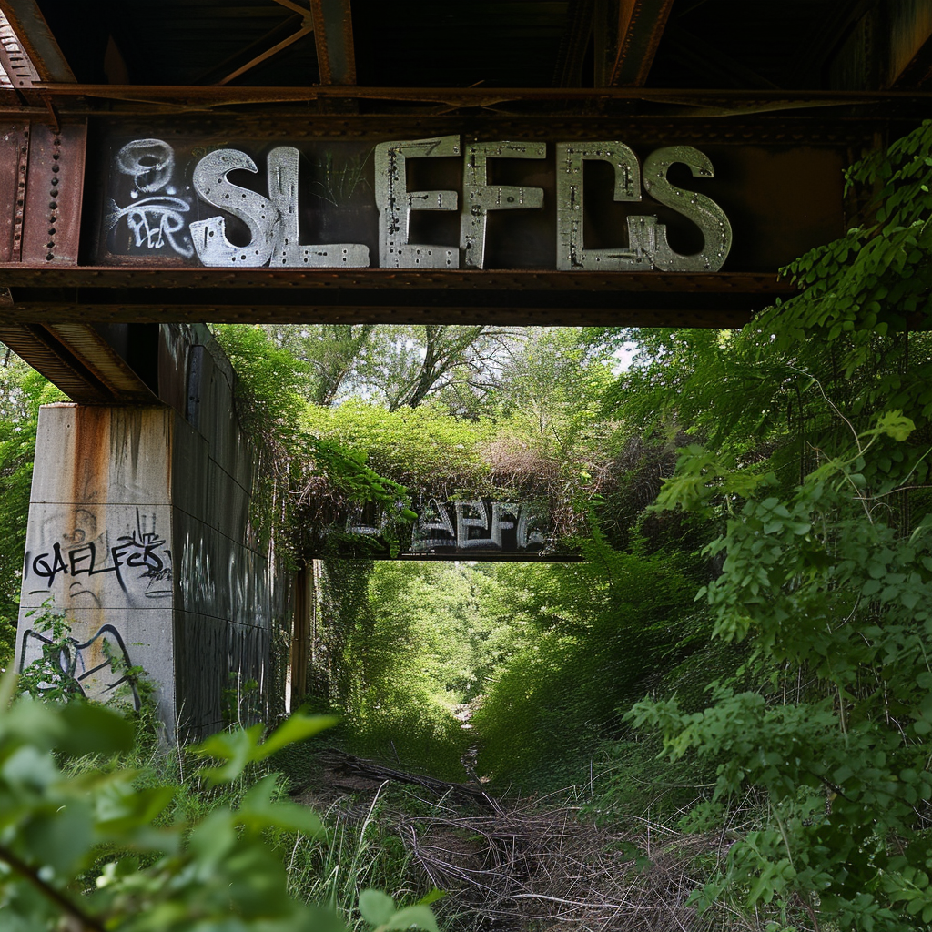 Overgrown abandoned bridge with silver graffiti spelling  SLEFS