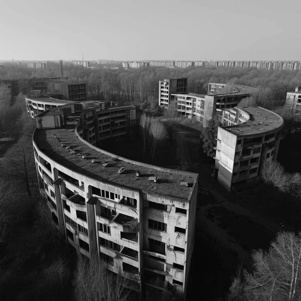 Abandoned Brutalist Complex from an Aerial View