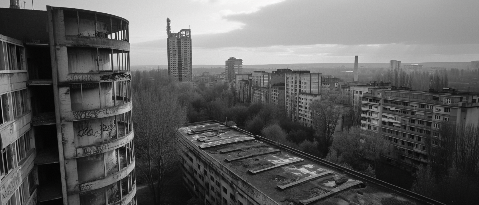 Abandoned Brutalist Architecture Complex Skyline