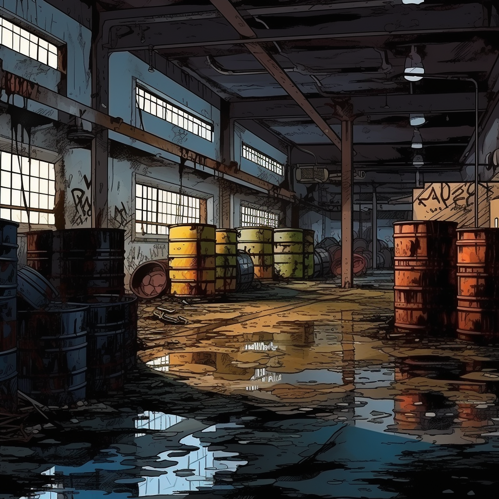 Abandoned warehouse with waste drums