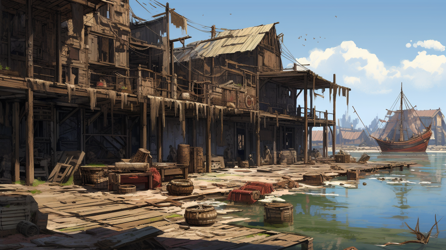 Abandoned warehouse on docks with debris