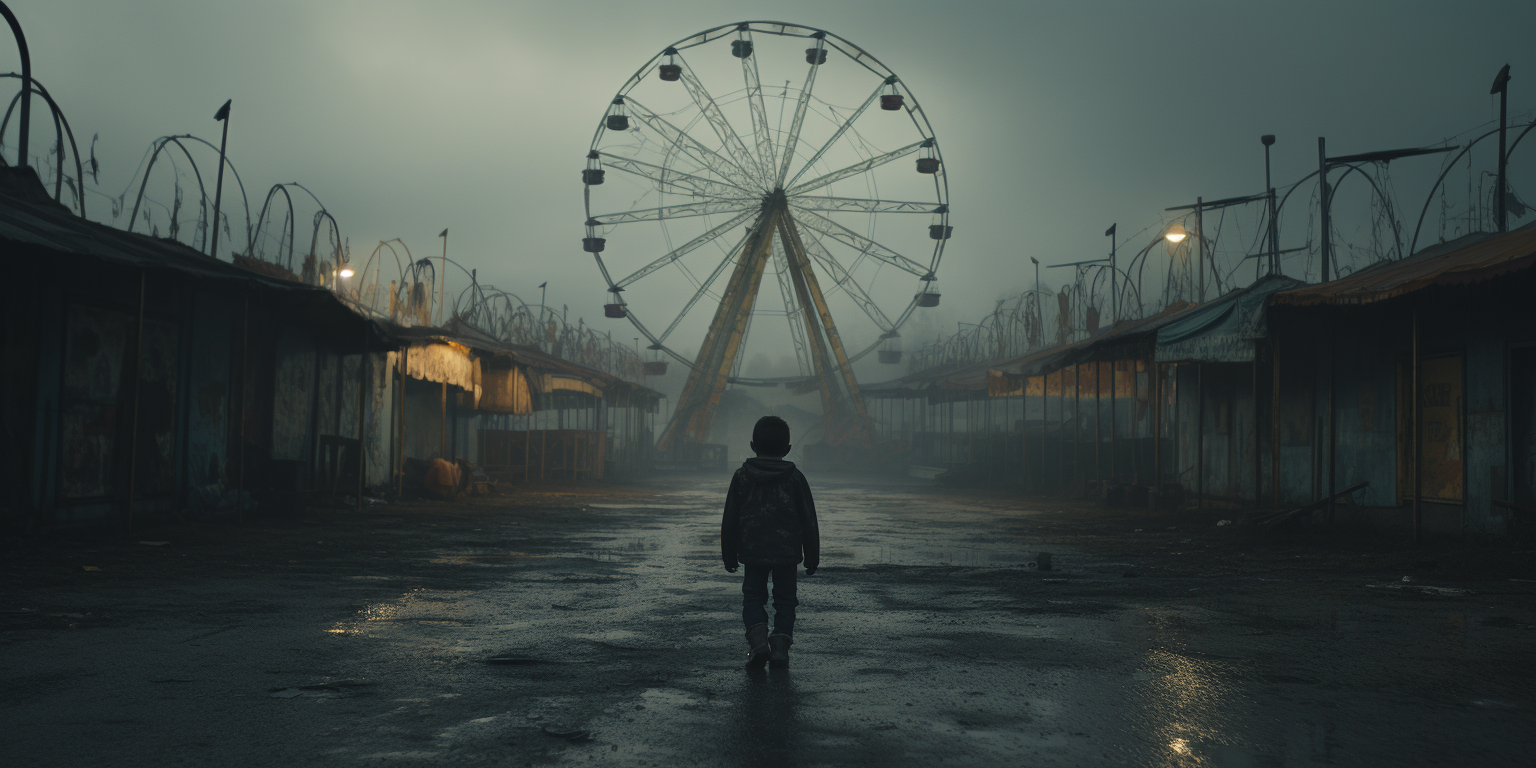 Young Boy Running in Abandoned Fairground