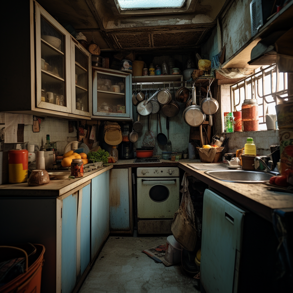 abandoned favela apartment kitchen scene