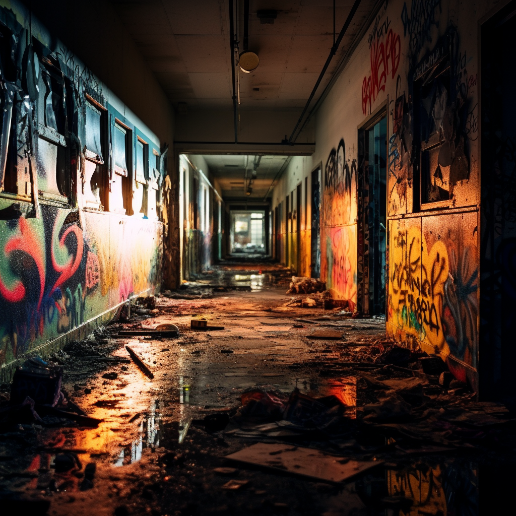 Dark hospital hallway with graffiti and shattered mirror