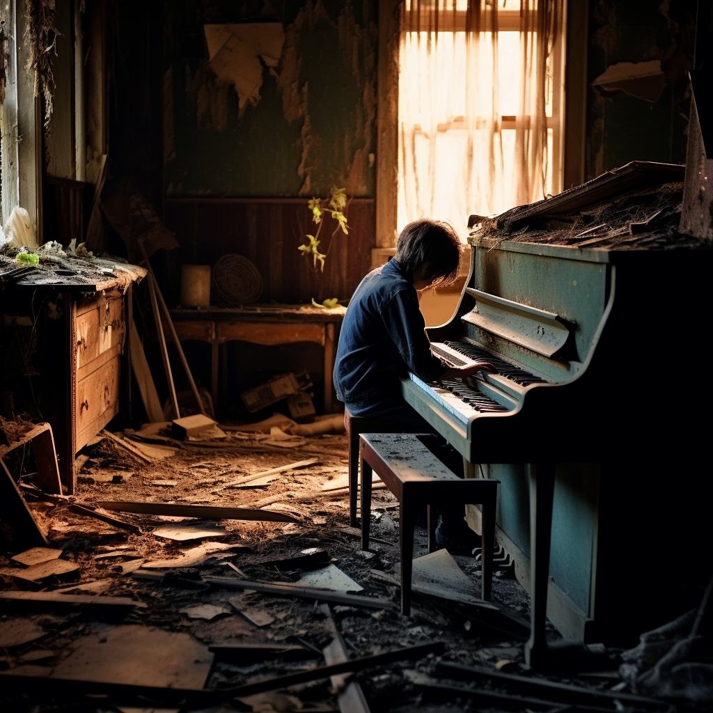 Creepy boy smiling under piano