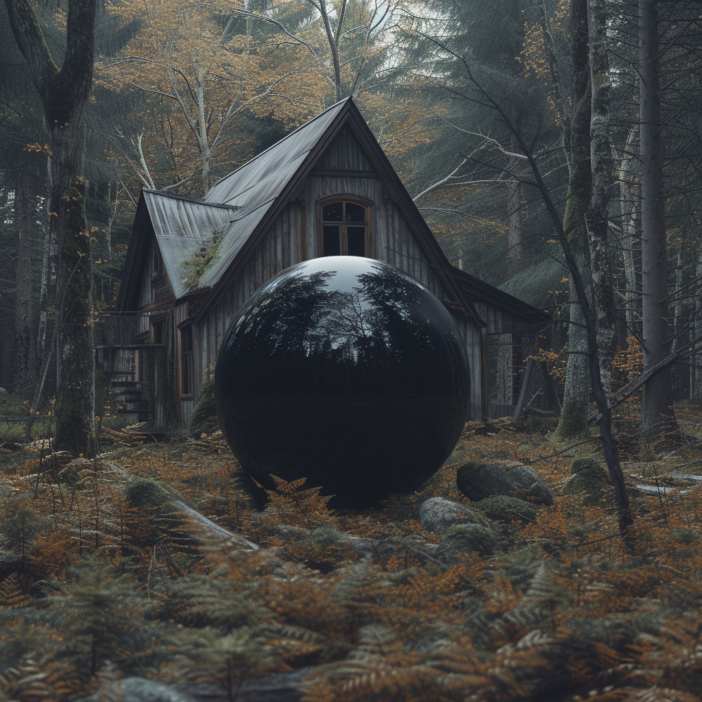 Abandoned house in the dark forest with a black liquid sphere