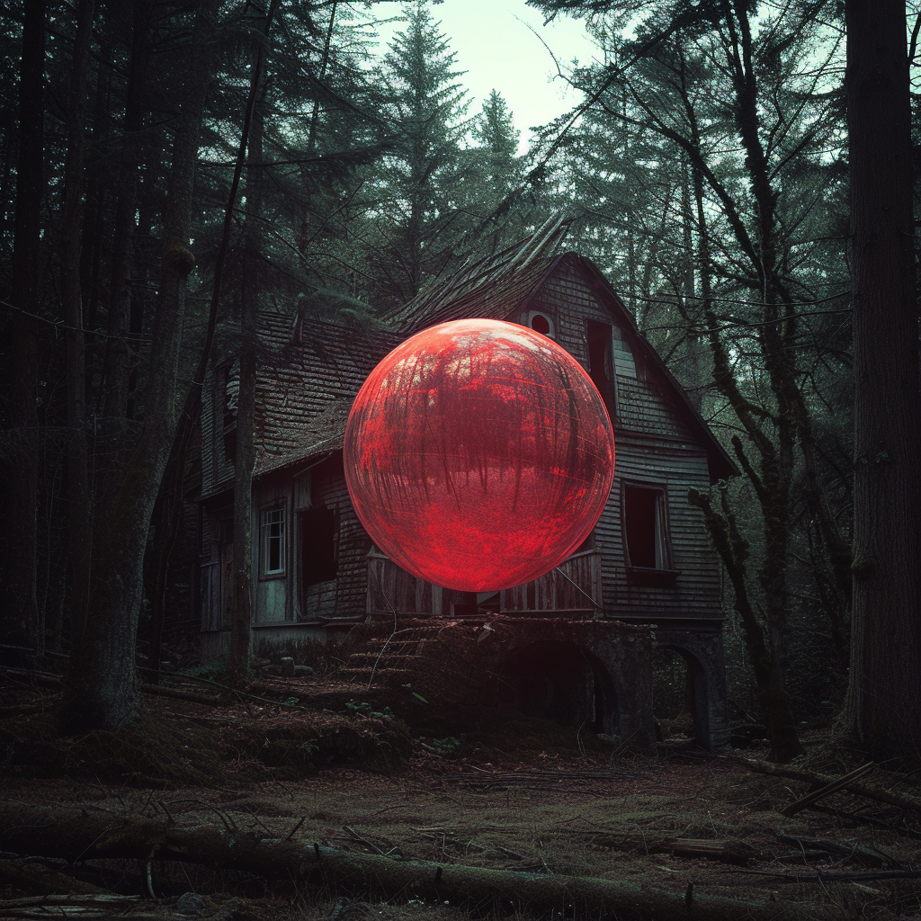 Abandoned house in forest with red liquid sphere