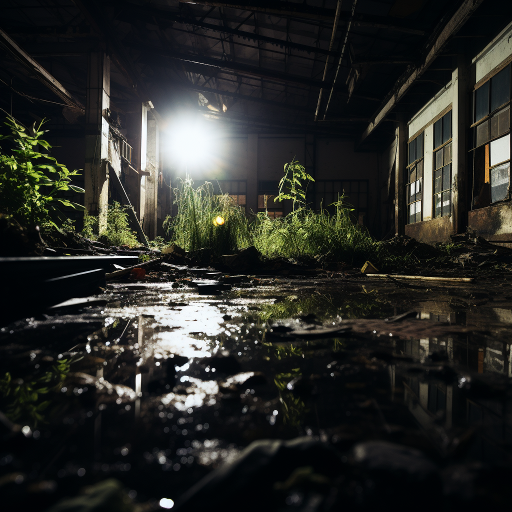 Abandoned industrial building with cracked walls and plants growing