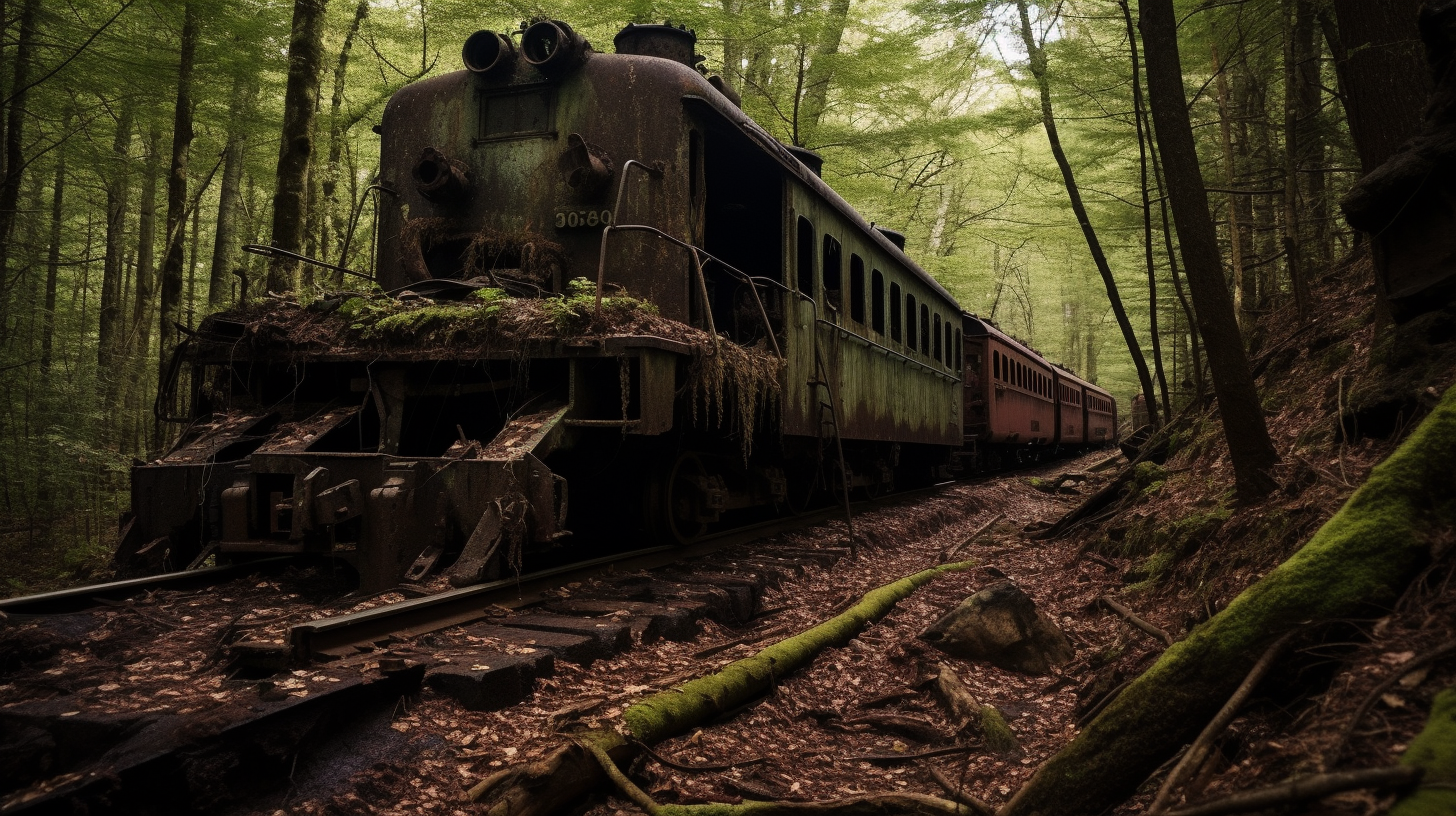 Abandoned logging train in the mysterious woods