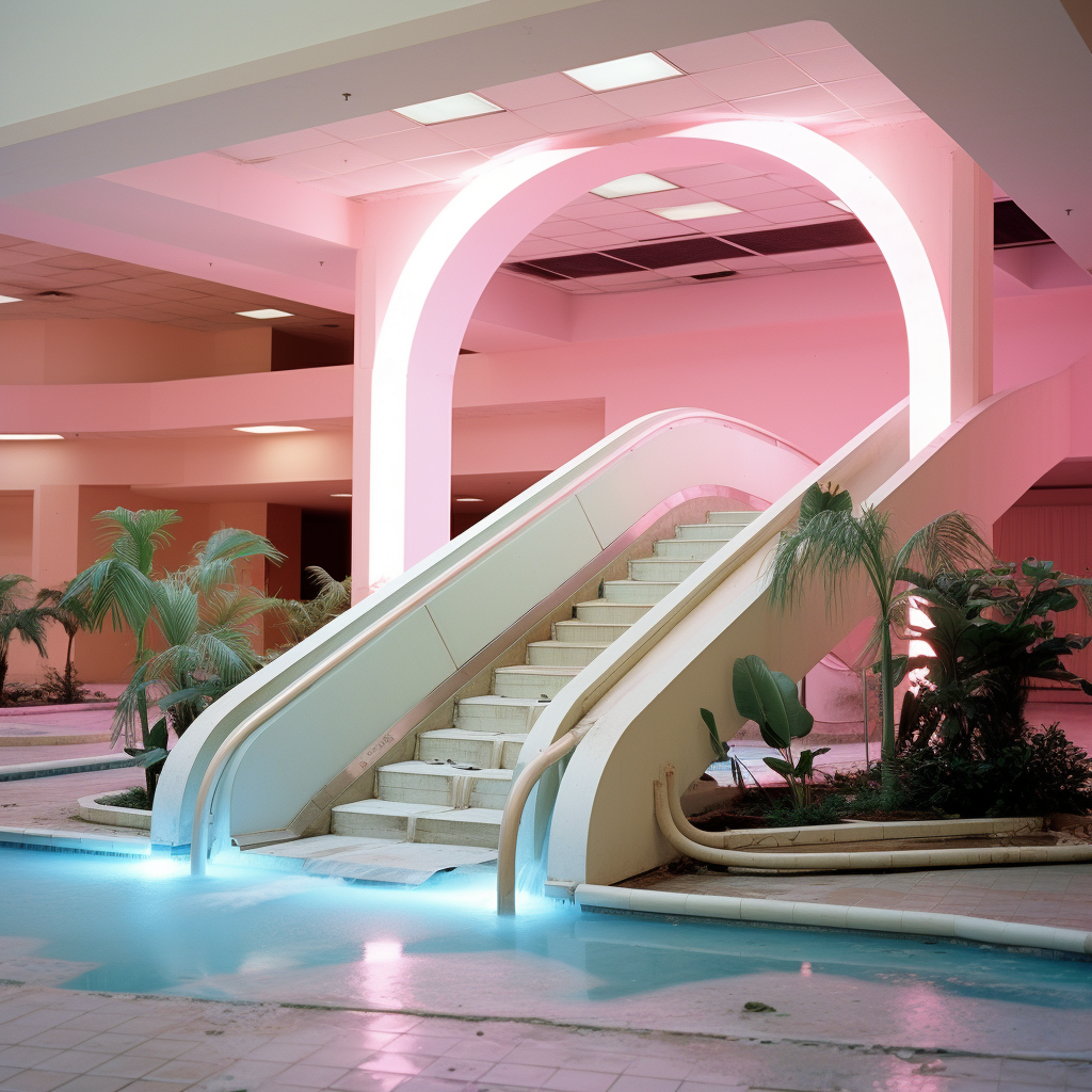 Vintage mall escalator surrounded by neon lights