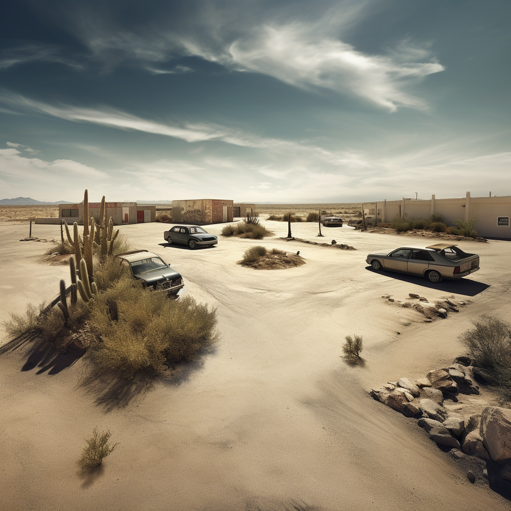 Desert parking surrealistic scene