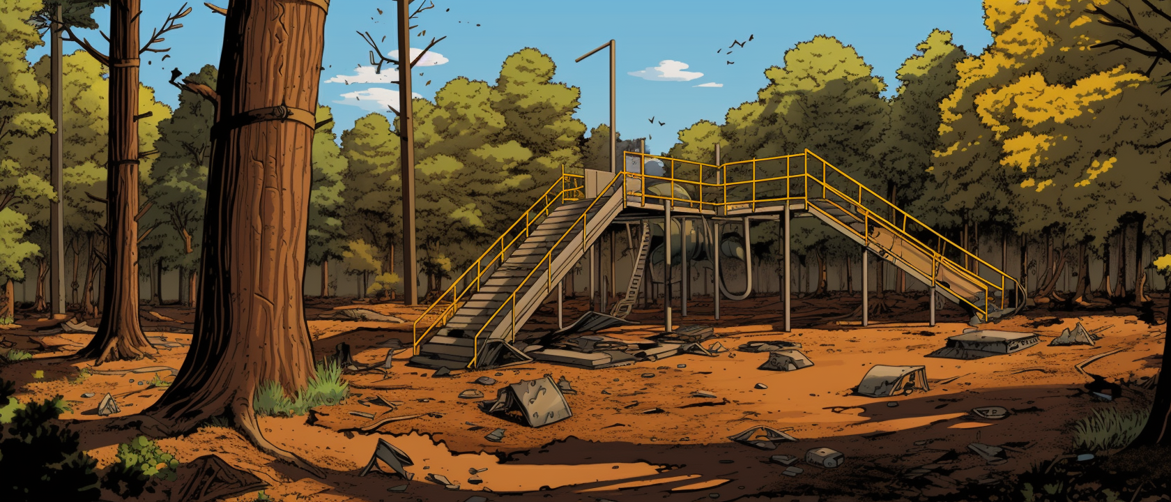 Vibrant abandoned playground in comic style