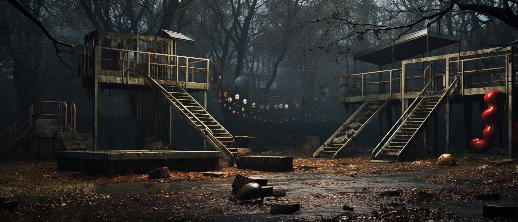 Abandoned playground with horror comic book atmosphere