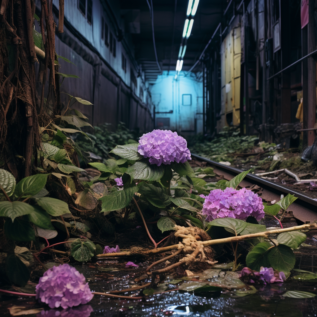 Abandoned subway with purple hydrangea growing plants