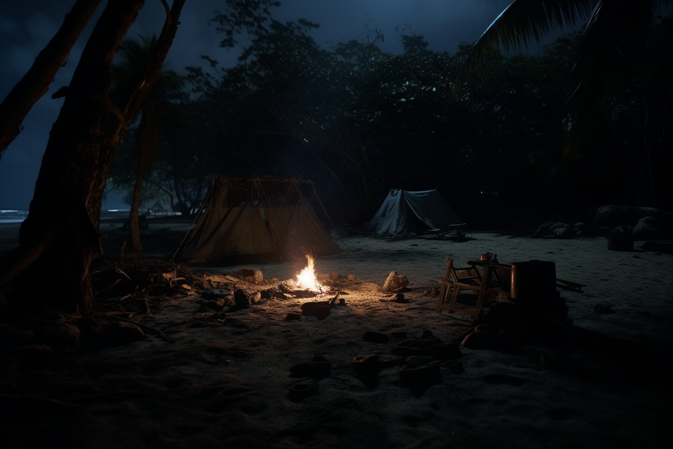 Abandoned tropical beach campsite with eerie 80's horror ambiance