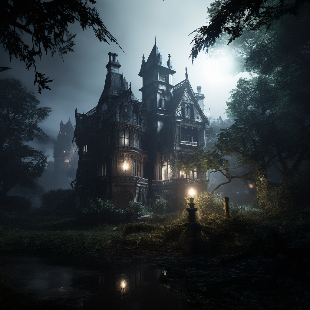 Gothic Victorian Mansion in Foggy Forest