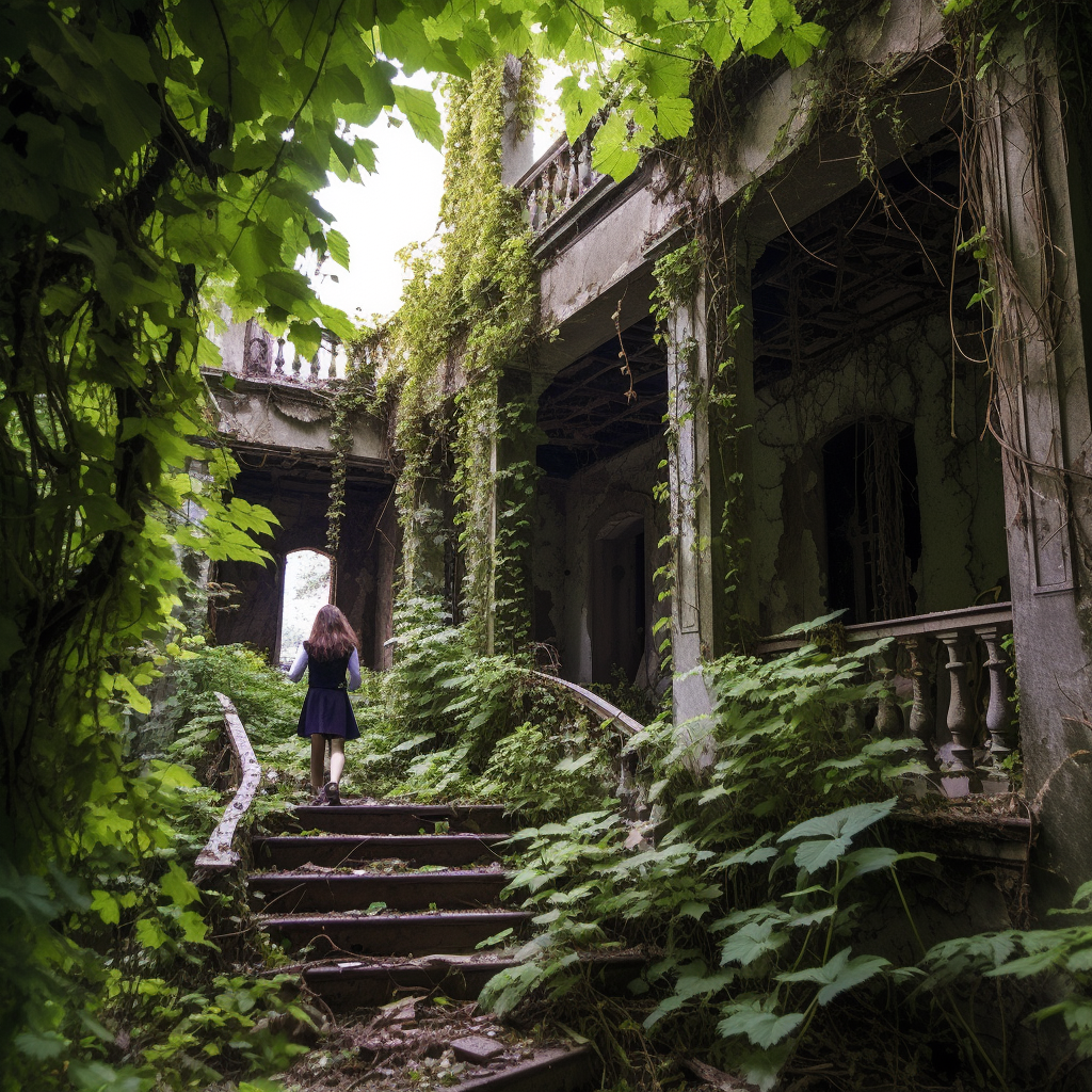 Woman amidst Grape Vines in Abandoned Villa