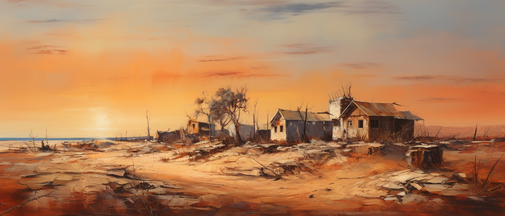 Artwork of abandoned village reclaimed by sand dunes