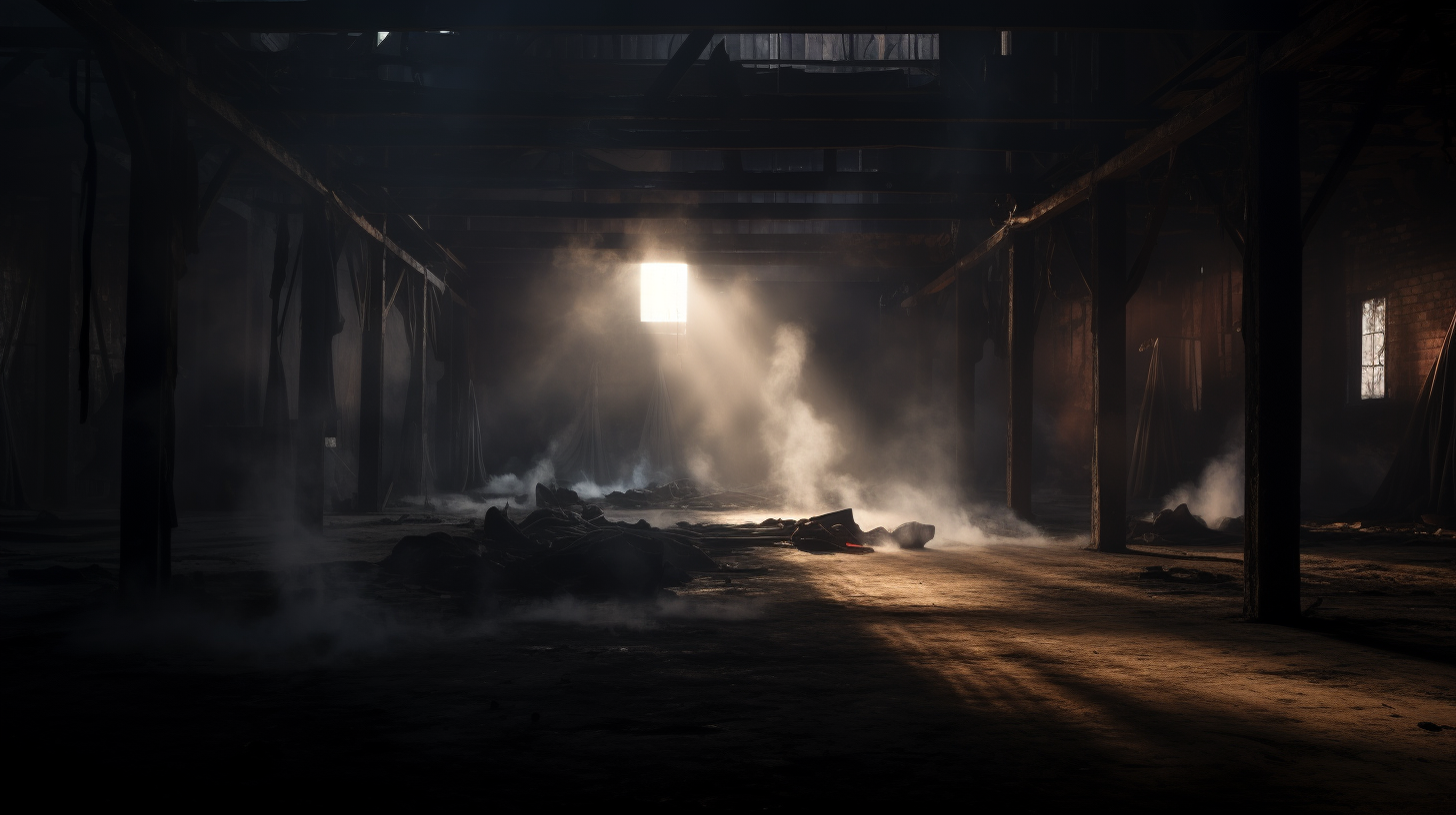 Realistic abandoned warehouse with burning backdrop