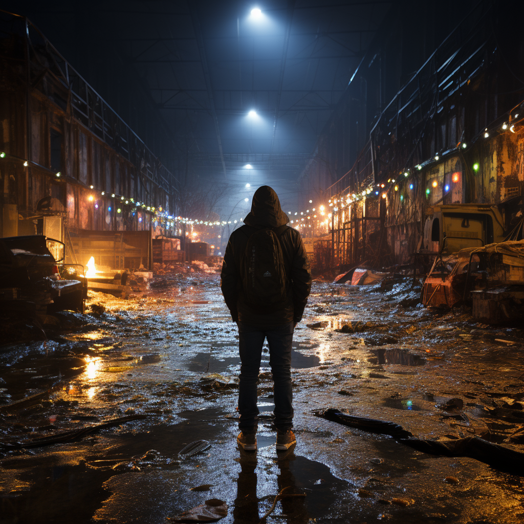 Man Patrolling Abandoned Warehouse at Night