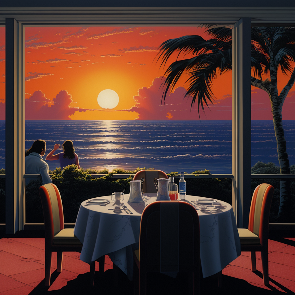 Abandoned woman at dinner table enjoying sunset over sea