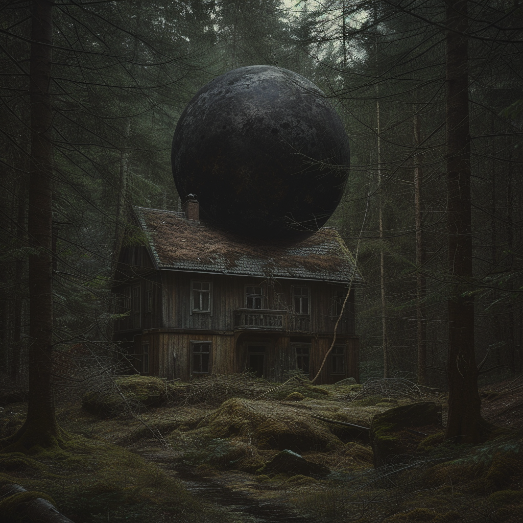 Abandoned old house in the forest with black sphere