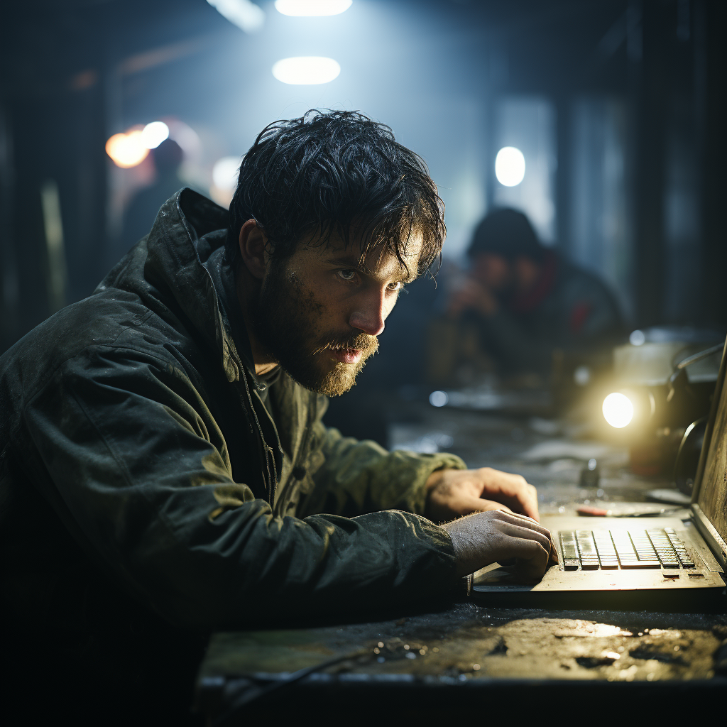 Man working at nightshift in abandoned warehouse