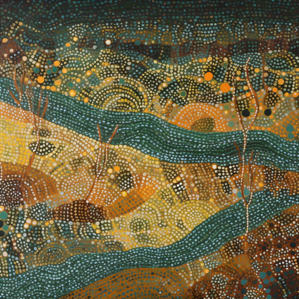 Aboriginal River Painting in Greens and Ochre Colors