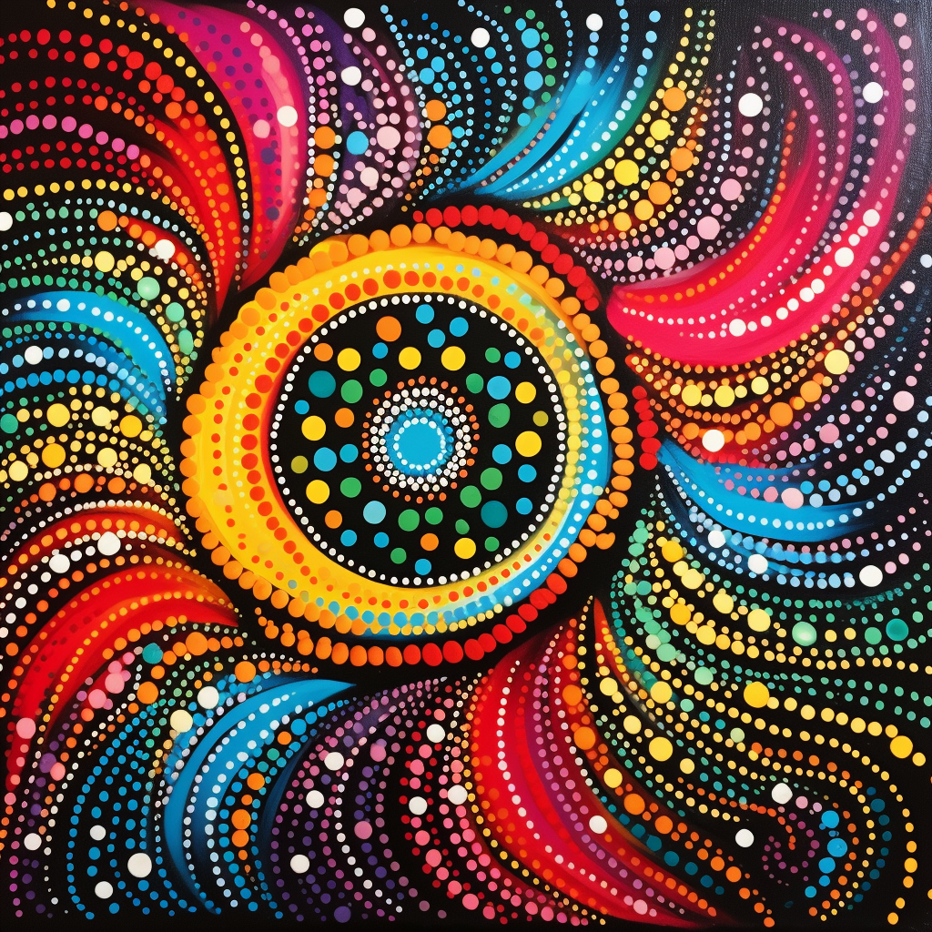 Aboriginal Dot Painting with Vivid Colours and Swirls