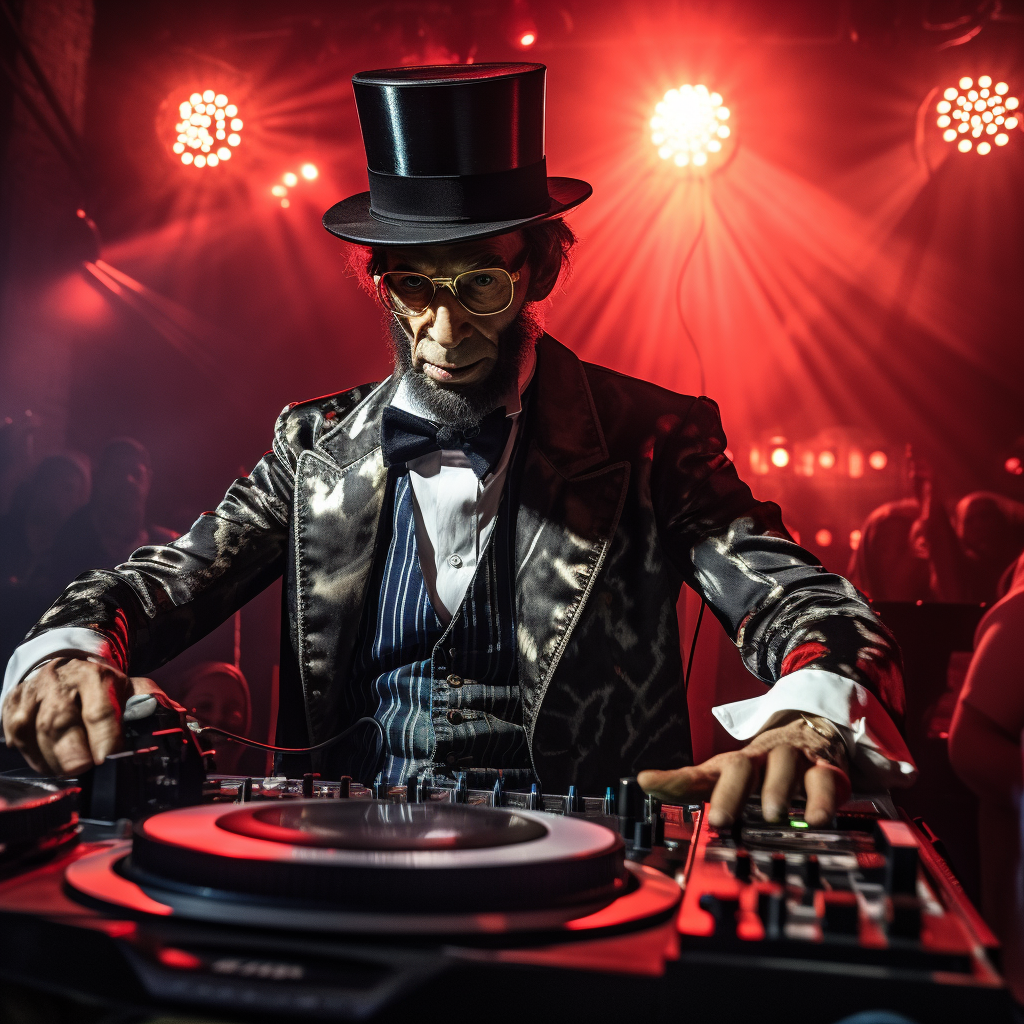 Abraham Lincoln DJ performing in latex suit