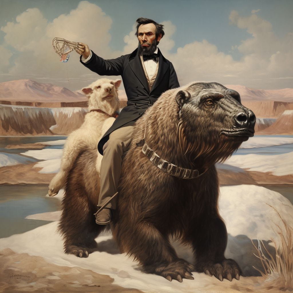 Abraham Lincoln riding polar bear in desert