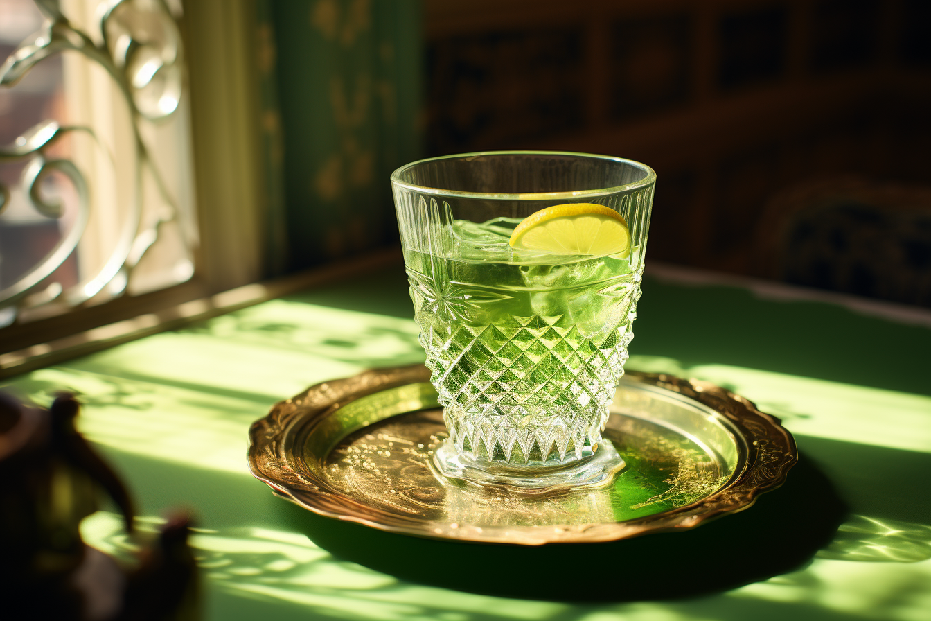 Glass of absinthe with sun shining through