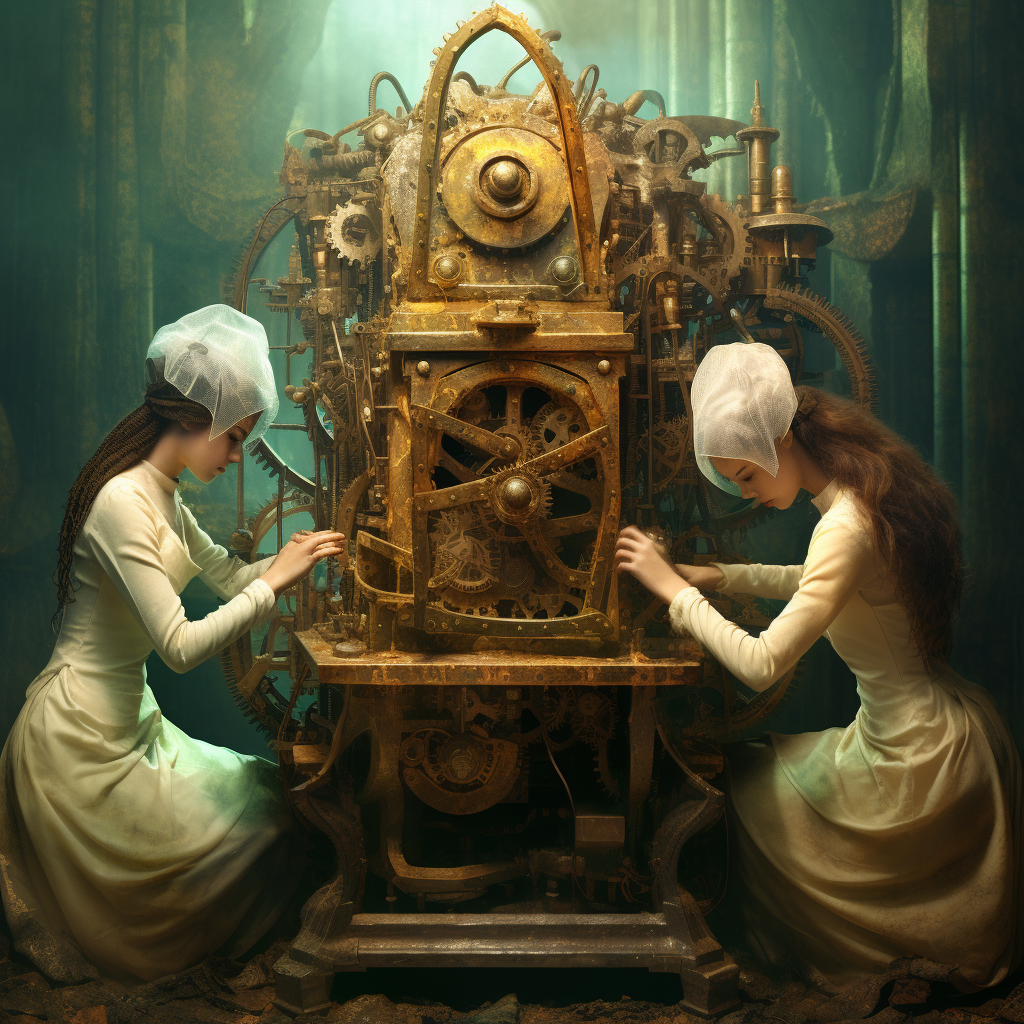 Three females operating mysterious ancient machine