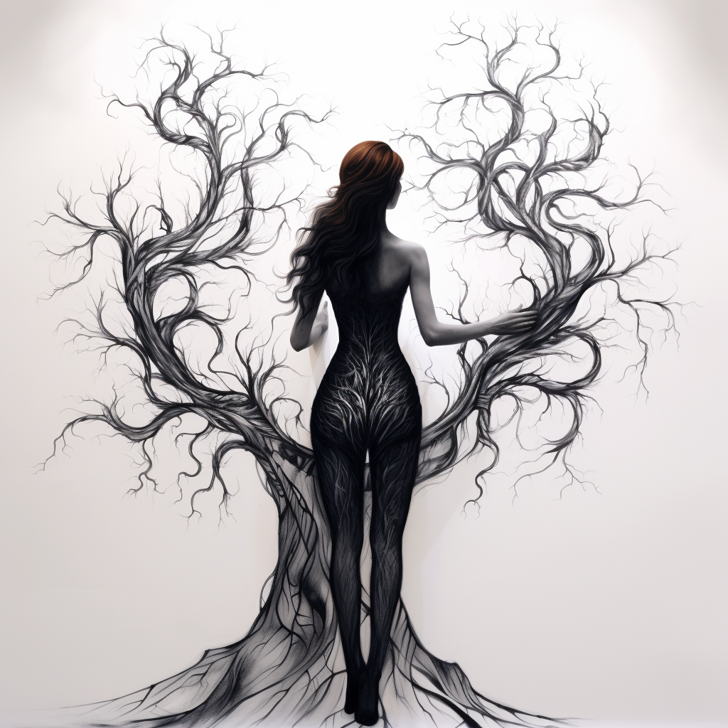 Abstract woman tree artwork in black and gray