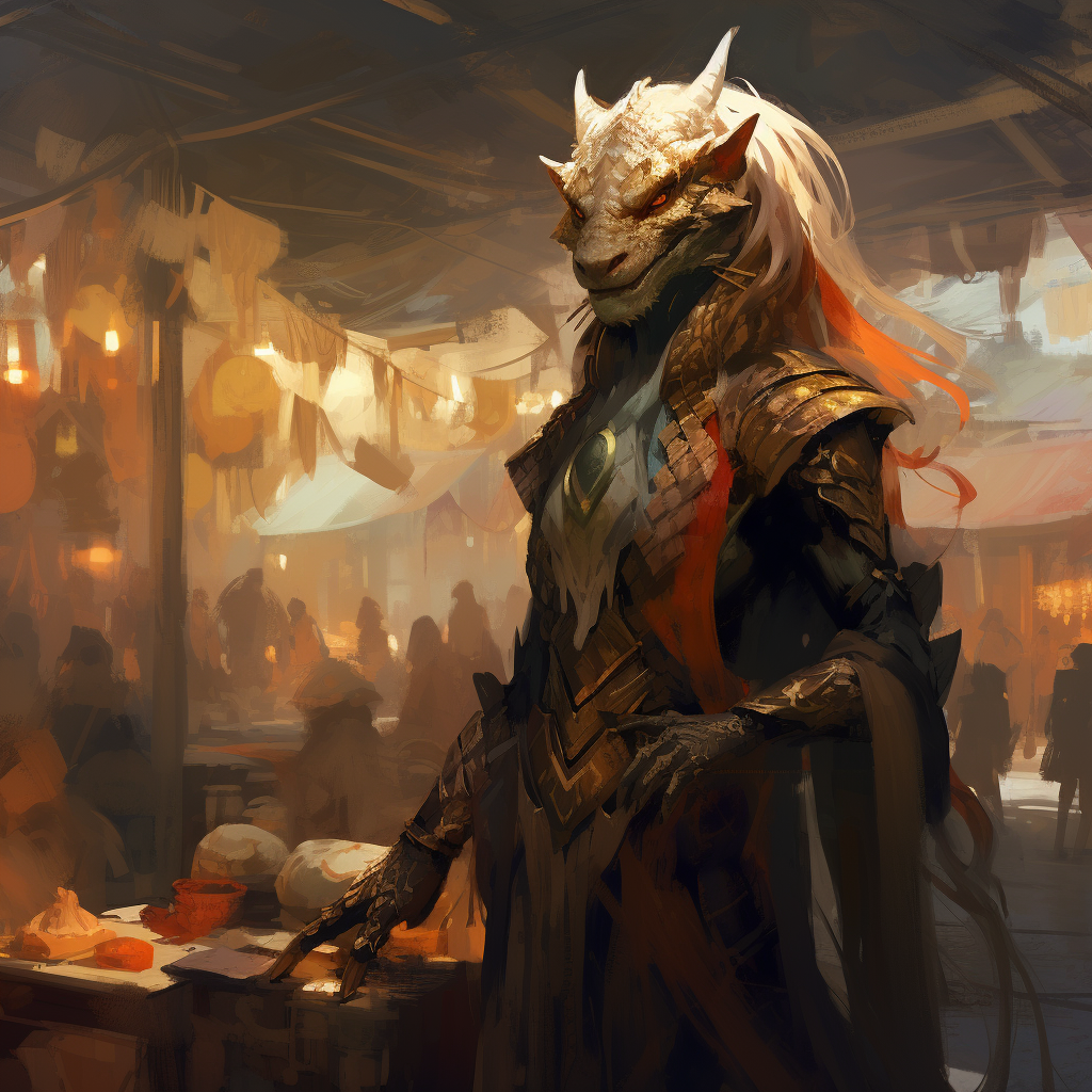 Colorful brushstrokes of female dragonborn in fantasy market