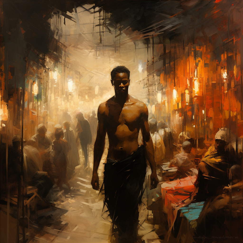 Dark-skinned boy running through markets