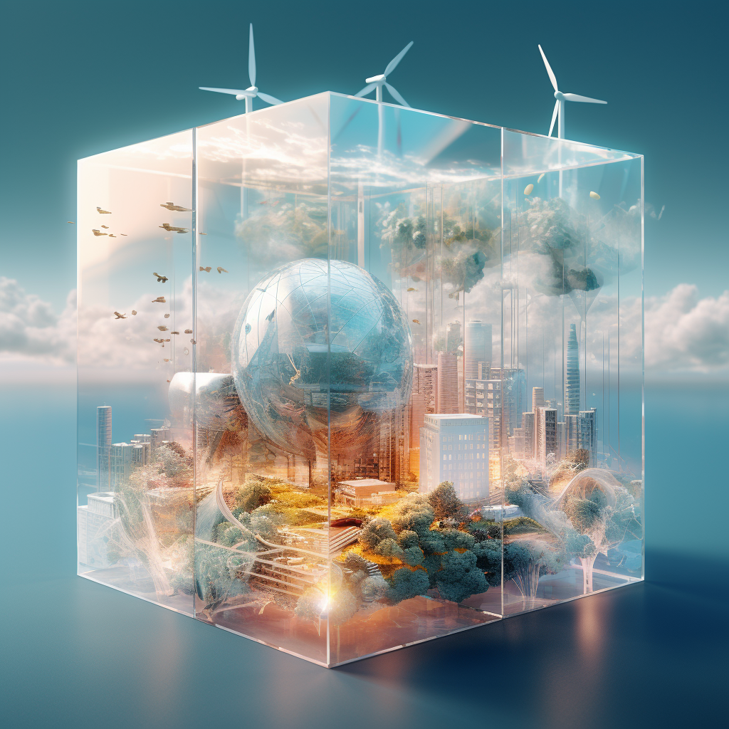 Abstract cubes with landscape and city digital twin