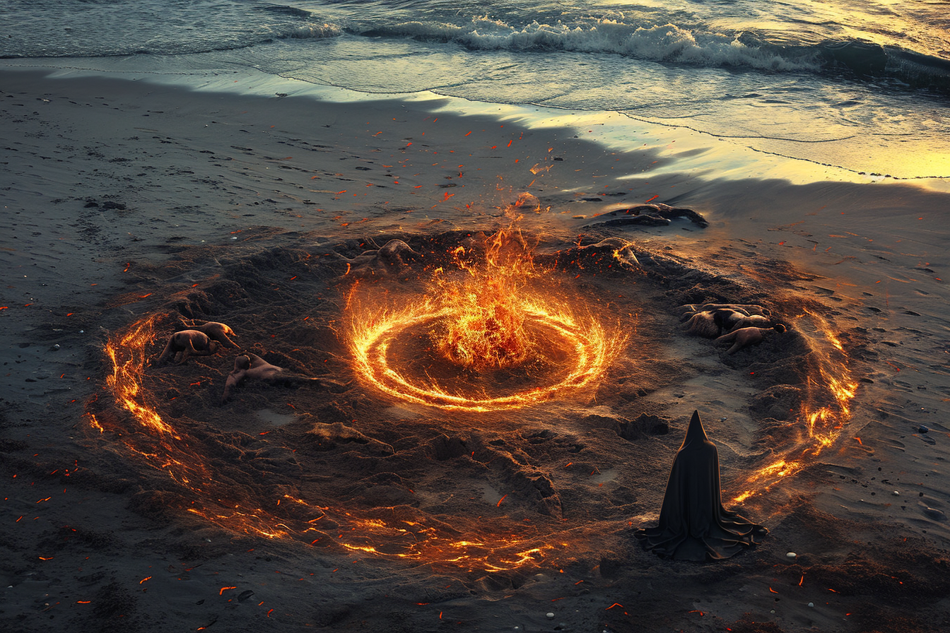 Dark fantasy summoning circle on beach