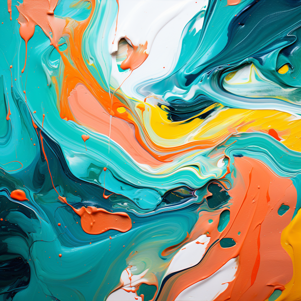 Teal-Green and Bright Orange Abstract Flowing Painting