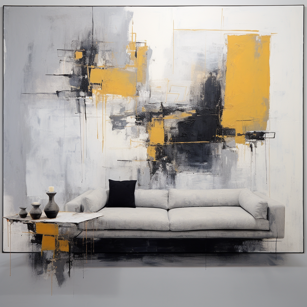 Large Abstract Painting with Grey Couch and Yellow Chair